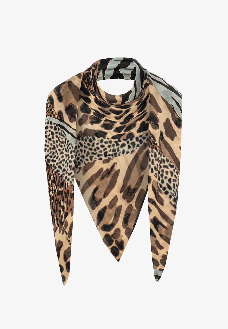 Écharpe à motifs léopard dans des tons de beige, marron et noir, présentant une forme triangulaire avec divers motifs animaliers et une texture lisse.