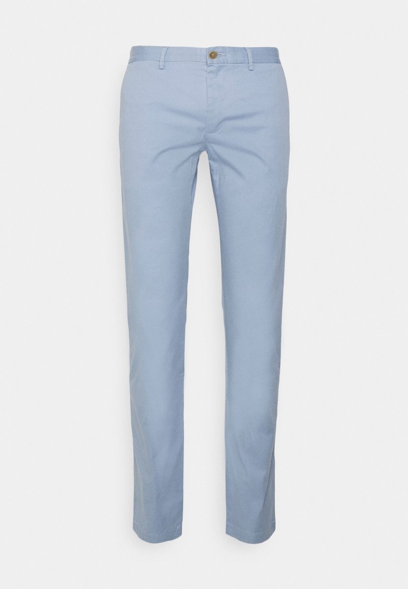 Light blue men's slim-fit trousers with belt loops, a button closure, and a zip fly, displayed on a white background.