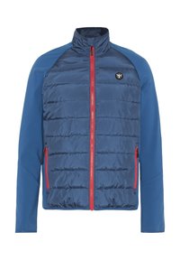 Blaue Jacke mit gesteppter Vorderseite, ausgestattet mit einem hohen Kragen und rotem Reißverschluss. Glatte Stoffärmel und Brustbereich. Logo auf der linken Seite.