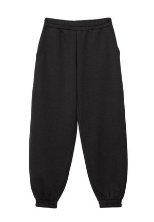 Czarne joggery z elastycznym pasem i ściągaczami u dołu, z bocznymi kieszeniami, wykonane z miękkiego materiału do noszenia na co dzień.