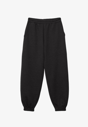 Zwarte joggerbroek met elastische taille en omgeslagen pijpen, met zijzakken, gemaakt van zachte stof voor casual gebruik.