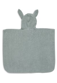 Kapdoek in zacht, lichtgrijs badstof. Heeft oren op de capuchon, een rechthoekige vorm en een korte, pluizige textuur. Geschikt voor kinderen.