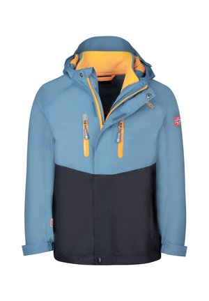 Blaue und marineblaue wasserdichte Jacke mit gelbem Fleecefutter, zwei Reißverschlusstaschen, verstellbaren Ärmelbündchen und Kapuze. Mit norwegischem Flaggenemblem.