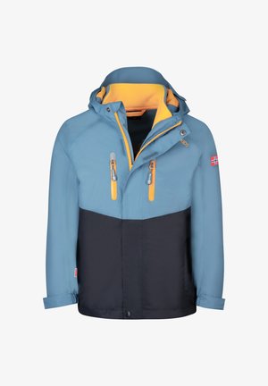 Blue and navy waterproof jacket with a yellow fleece lining, two zippered pockets, adjustable cuffs, and a hood. Features a Norway flag emblem.