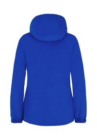 Chaqueta azul con capucha, puños elásticos y una textura suave. Presenta un diseño sencillo, sin patrones destacados ni detalles de hardware.