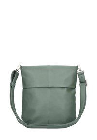 Borsa a tracolla in ecopelle verde con design a ribalta, tracolla regolabile e superficie liscia. Presenta cuciture sottili sulla parte anteriore.