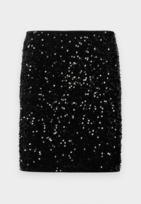 Melnas sequin mini svārki ar pieguļošu dizainu. Virsma ir pārklāta ar izkliedētiem spīdīgiem sequin, radot teksturētu un mirdzošu izskatu.