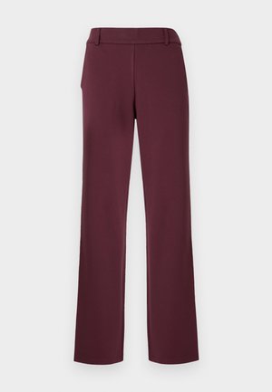 Pantaloni color bordeaux con design a gamba dritta, realizzati in un tessuto liscio, con una cintura piatta e sottili dettagli di cucitura.
