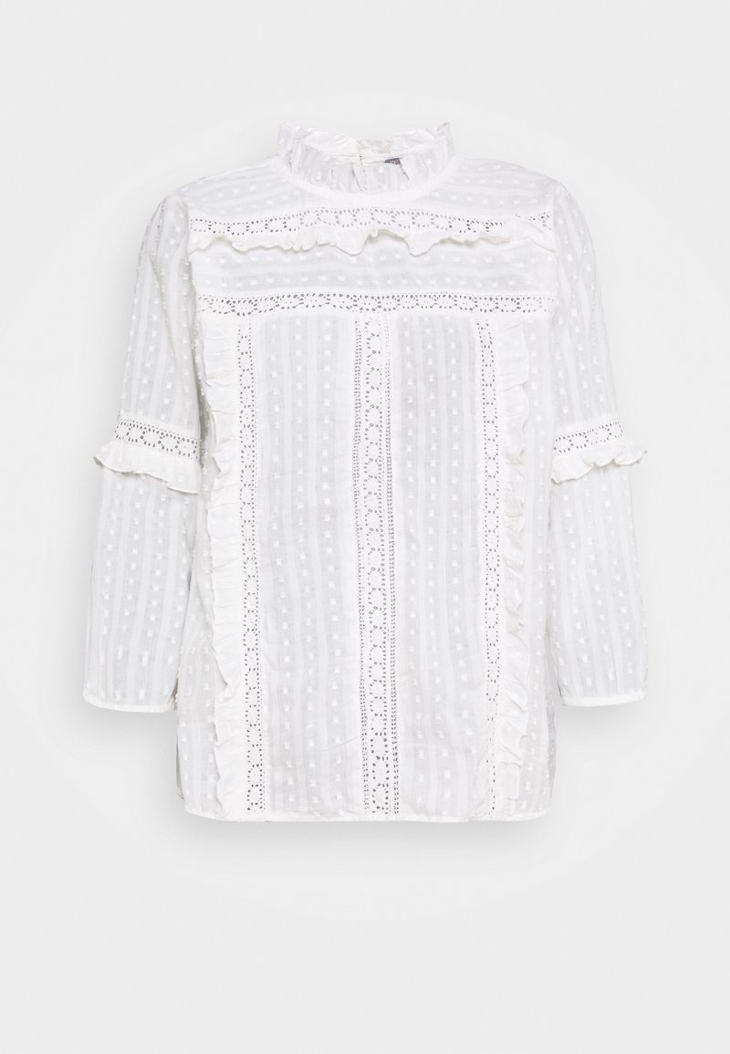 Vit långärmad blus med flerskiktig hög krage, spetsinlägg, vertikala strukturerade ränder och ryschdetaljer framtill och på ärmarna.