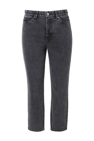 Jeans in denim nero vita alta con gamba dritta, tasche frontali, passanti per cintura e chiusura con bottone.