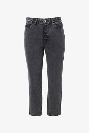 Zwarte denim jeans met hoge taille en rechte pijpen, voorzakken, riemlussen en een knoopsluiting.