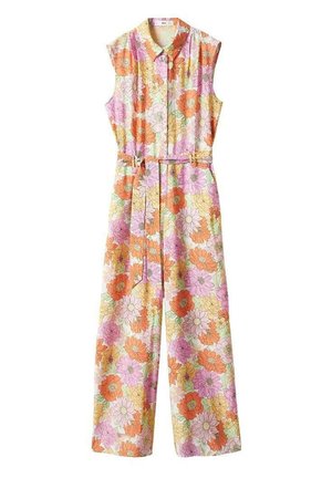 Kwiatowy kombinezon z kołnierzykiem, bez rękawów i paskiem. Posiada żywy wzór pomarańczowych, różowych i żółtych kwiatów na jasnym tle.