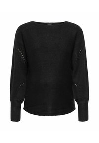Maglione nero a maglia con ampia scollatura rotonda, maniche lunghe e dettagli a punto aperto lungo i lati. Il tessuto testurizzato offre un aspetto morbido.