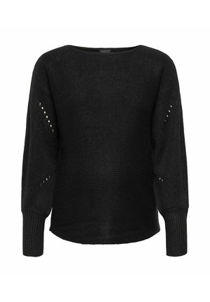 Pull en tricot noir avec un large col rond, des manches longues et des détails en maille ouverte sur les côtés. Le tissu texturé offre un aspect doux.