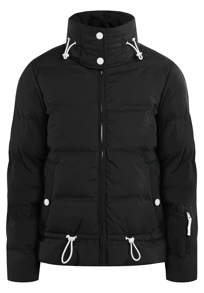 Veste rembourrée noire avec col montant, fermeture éclair à l'avant, boutons-pression, cordons de serrage blancs ajustables au col et à l'ourlet, et poche zippée sur la manche.
