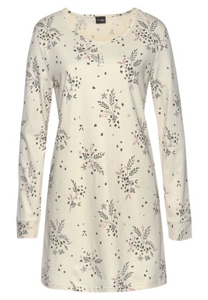 Langärmliges Nachtkleid in Creme mit Blumen- und Schmetterlingsdruck; weiches Material, runder Halsausschnitt, Knopfdetail und genähte Ärmelabschlüsse.