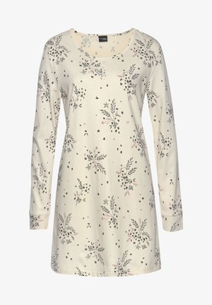 Long-sleeve nightgown in cream with floral and butterfly print; soft fabric, rounded neckline, button detail, and cuffed sleeves.