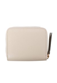 Beige leather wallet with a smooth texture, zip closure, contrasting stitching, and a small black tassel attached.