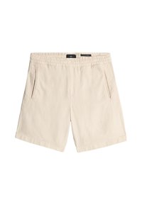 Beige shorts met een elastische tailleband, twee zijzakken met ritsen, en een gladde, lichte stofafwerking.