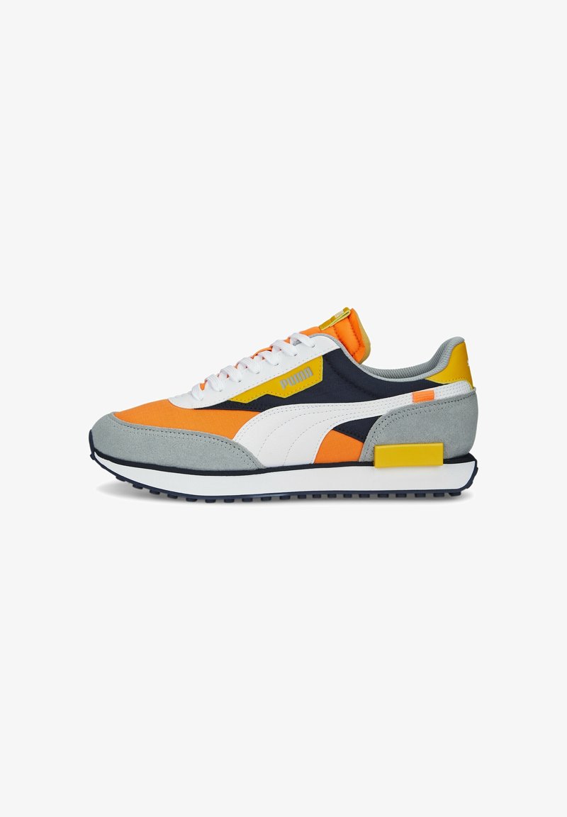 Orange, navy, and white sneaker with a gray suede toe, padded collar, and a yellow accent on the heel. Features a textured sole and laces.