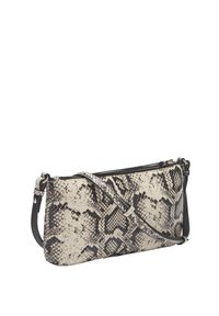 Sac bandoulière à imprimé serpent en beige et noir, doté d'une fermeture éclair, d'une sangle d'épaule amovible et d'une texture lisse semblable au cuir.