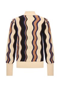 Suéter de punto con cuello alto, patrón ondulado en beige, marrón, negro y azul, con puños y dobladillo de canalé. Diseño texturizado en todo el suéter.