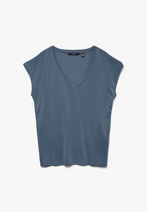V-neck short-sleeve gray top made of soft fabric. Relaxed fit with a slightly curved hem and no additional patterns or accents.