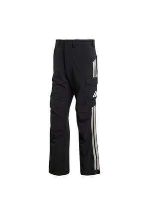 Zwarte cargobroek met elastische tailleband, voorzien van drie zijzakken en drie verticale grijze strepen aan de buitenkant van de benen. Duurzaam materiaal.