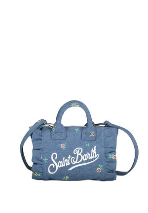 Sac à main en denim bleu avec petite broderie florale, inscription "Saint Barth" sur le devant, deux poignées et bandoulière amovible.