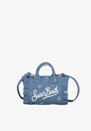 Blauwe denim handtas met kleine bloemrijke borduur, "Saint Barth" opschrift aan de voorkant, twee handvatten en afneembare schouderriem.