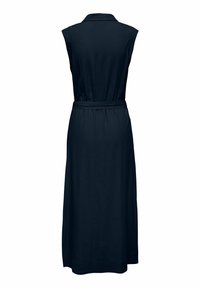 Robe longue bleu marine sans manches avec col et ceinture, vue de dos sur un fond blanc uni.