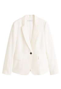 Blazer blanc à un bouton avec revers crantés et deux poches avant à rabat, présenté sur fond blanc uni.