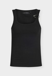 Črna rebrasta majica brez rokavov z zaobljenim izrezom, s kovinskim poudarkom na rami in notranjo nalepko z logotipom. Mehka tekstura.