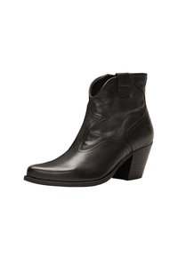 Botte cheville en cuir noir avec un bout pointu, des détails de couture subtils, une languette à l'arrière et un petit talon carré. Texture lisse.
