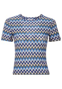 T-shirt �à manches courtes avec un motif en zigzag bleu, gris et blanc. Il possède un col rond et une coupe slim, fabriqué à partir d'un tissu texturé.