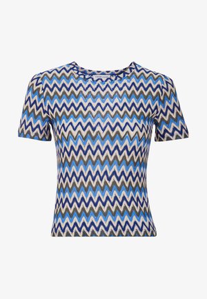 Kurzarmpullover mit einem Zickzackmuster in Blau, Grau und Weiß. Verfügt über einen Rundhalsausschnitt und eine enganliegende Passform, gefertigt aus einem strukturierten Stoff.