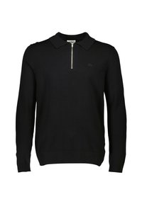 Maglione polo nero a maniche lunghe con collo zip, caratterizzato da un colletto piatto e un logo discreto sul petto. Texture a maglia.