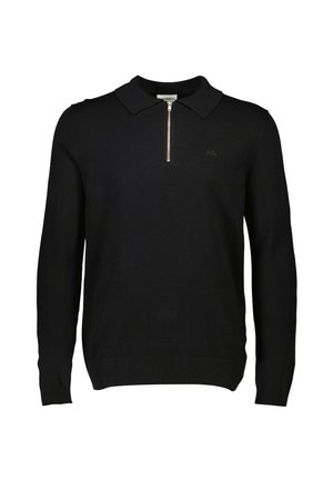 Zwart langetermijn polo sweater met een ritssluiting in de hals, voorzien van een vlakke kraag en een subtiele logo op de borst. Gebreide textuur.