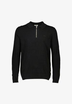 Sort langærmet polo sweater med lynlås ved halsen, med flad krave og et diskret logo på brystet. Strikket struktur.