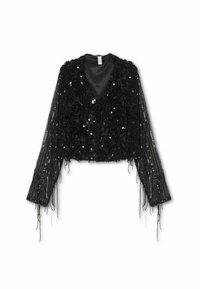 Schwarze cropped Jacke mit einer strukturierten, bedampften Front, langen transparenten Ärmeln und fransigen Akzenten. V-Ausschnitt-Design mit Satinfutter.