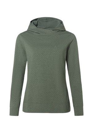 Olivegrüner Hoodie mit langen Ärmeln, feiner Punktemusterstruktur, vorderem Nahtdetail und angenähter Kapuze, auf weißem Hintergrund dargestellt.