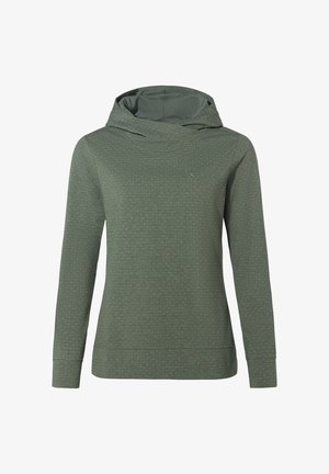 Olivengroene hoodie met lange mouwen, een subtiele gestippelde textuur, een naden detail aan de voorkant en een capuchon, getoond op een effen witte achtergrond.