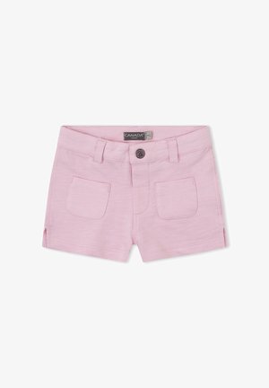 Pantalones cortos para niños pequeños de color rosa claro con dos bolsillos delanteros de parche, trabillas para cinturón, cierre de botón y una pequeña abertura lateral en cada pierna.