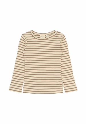 Maglietta a maniche lunghe realizzata in tessuto a costine, con righe orizzontali beige e marroni. Collo rotondo con dettaglio a bottoni sulla spalla.