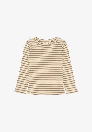 Maglietta a maniche lunghe realizzata in tessuto a costine, con righe orizzontali beige e marroni. Collo rotondo con dettaglio a bottoni sulla spalla.