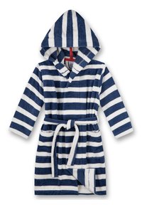 Gestreepte badjas in marineblauw en wit, met een capuchon, tailleband en zakdetails. Gemaakt van zachte, textuurstof.