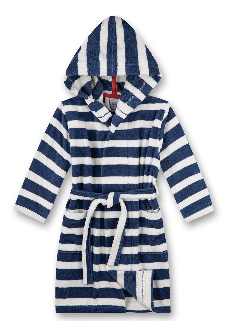 Gestreepte badjas in marineblauw en wit, met een capuchon, tailleband en zakdetails. Gemaakt van zachte, textuurstof.