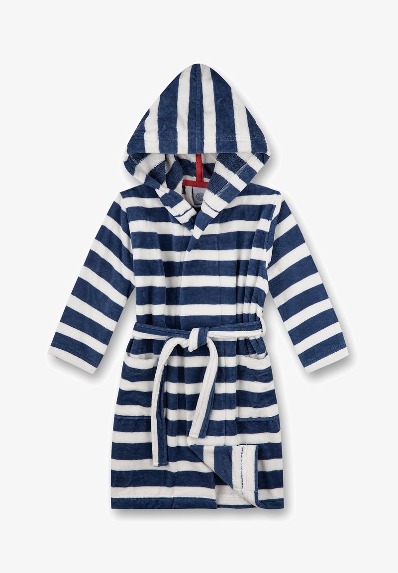 Pasiasty szlafrok w kolorze granatowym i białym, z kapturem, paskiem w talii i detalami kieszeni. Wykonany z miękkiego, teksturowanego materiału.