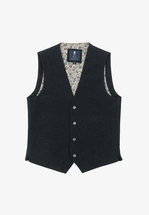 Dunkelgraue Wollweste mit V-Ausschnitt, sechs Knöpfen, zwei Vorderaschen und einem floral gemusterten Futter. Verfügt über saubere Kanten und eine taillierte Form.