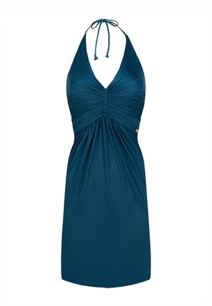 Ärmelloses türkisfarbenes Neckholderkleid mit tiefem V-Ausschnitt, gerafften Details an Brust und Taille und Knotenverschluss am Hals.